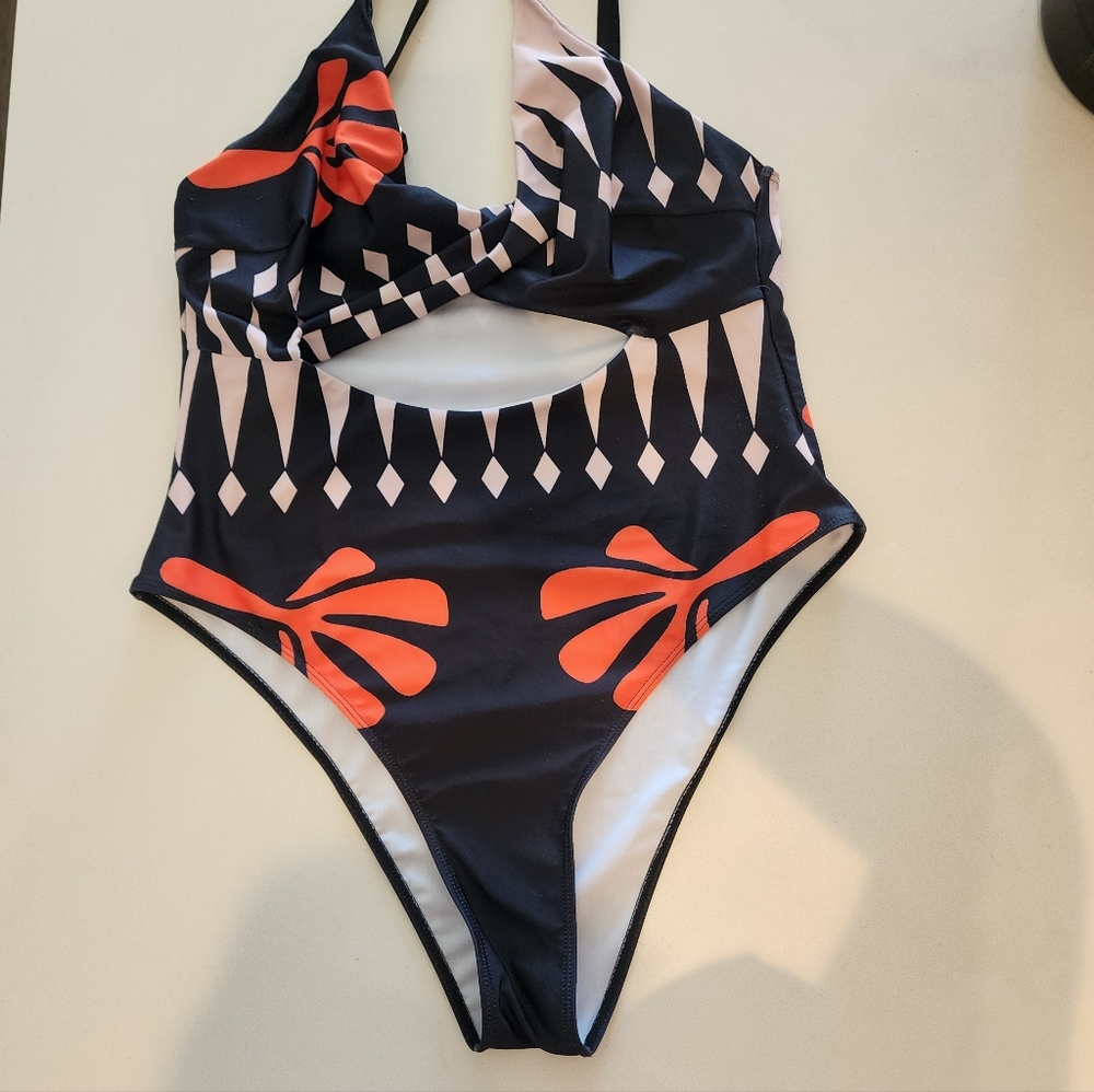 Cutout Twist Front Black and Orange Swimsuit - Picture 2 of 7